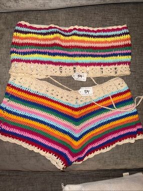 HAND MADE Crochet Rainbow Stripe Tank Top with Cream Trim & Matchig Shorts